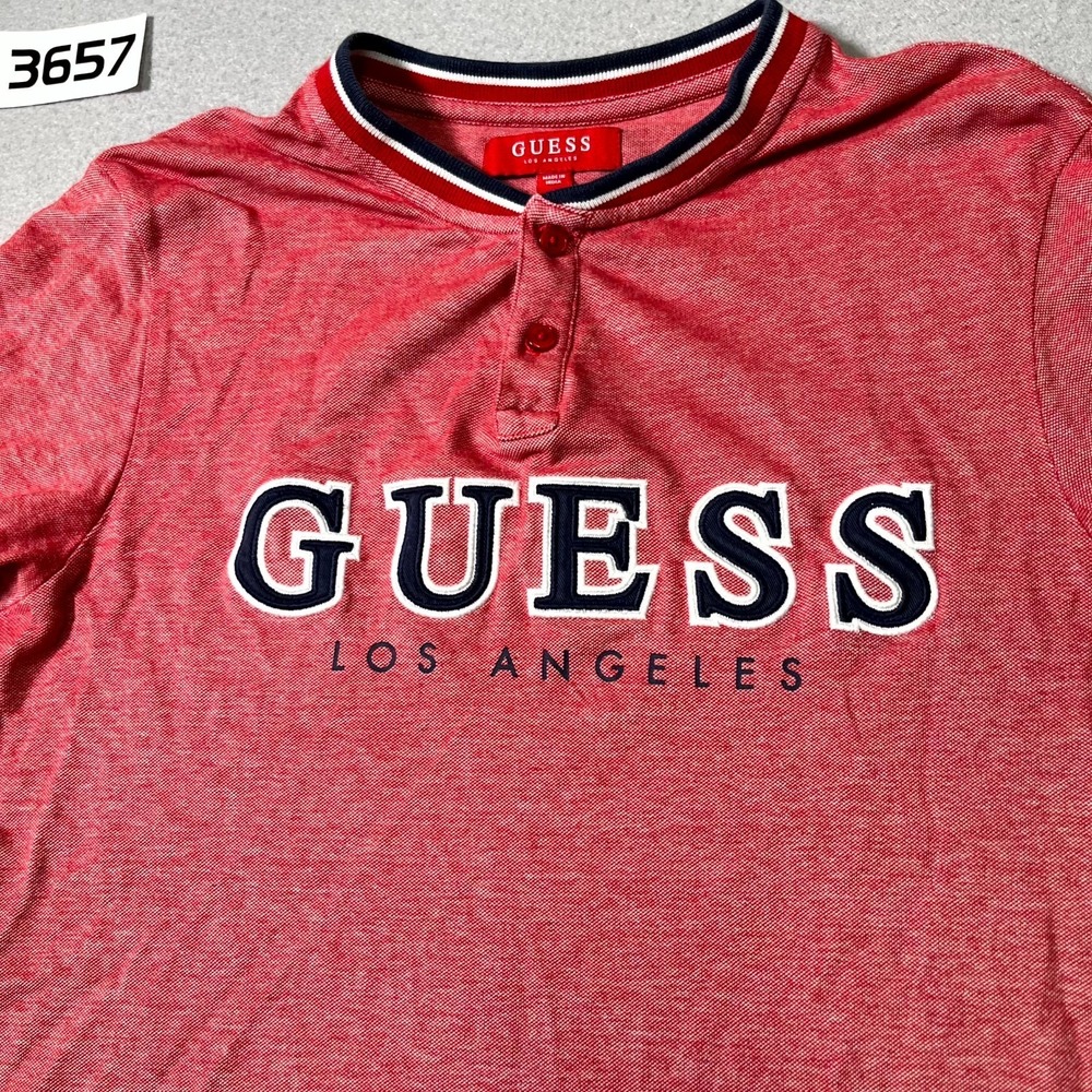 Guess Los Angeles Henley Shirt Men Small Pink Embroidered Logo Short Sleeve Golf - Picture 2 of 7